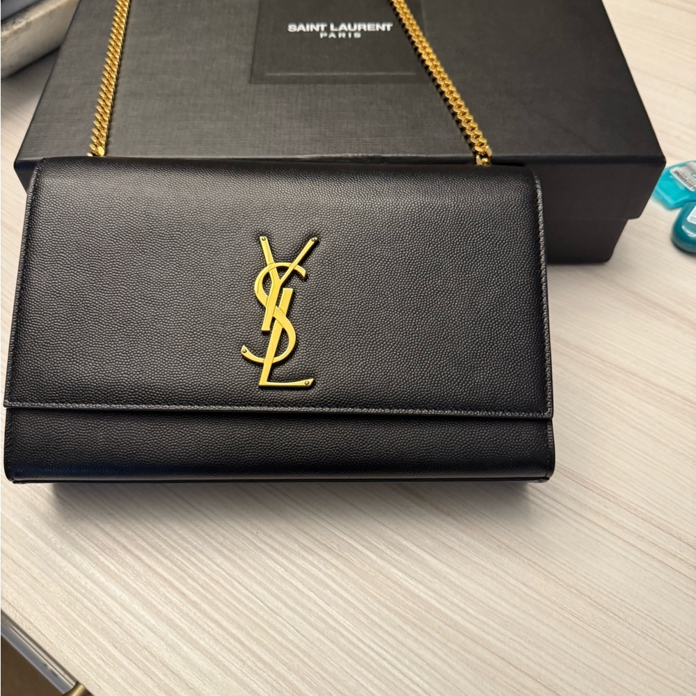 Saint Laurent Black Leather Bag with Gold Chain